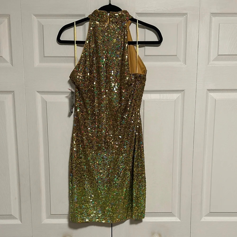 Sequin Halter Dress in Gold - Picture 2 of 3